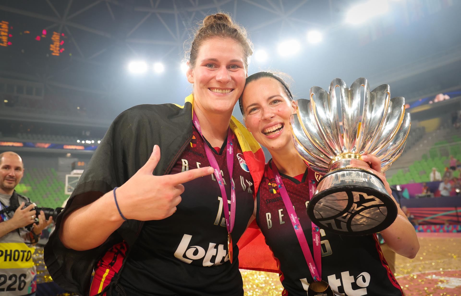 Belgium's Kyara Linskens and Belgium's Antonia Delaere celebrate after winning the final basketball game between Belgian national women's team 'the Belgian Cats' and Spain, in Ljubljana, Slovenia on Sunday 25 June 2023, at the FIBA Women EuroBasket 2023 European Championships in Israel and Slovenia. It is the first final ever for Belgium. BELGA PHOTO VIRGINIE LEFOUR