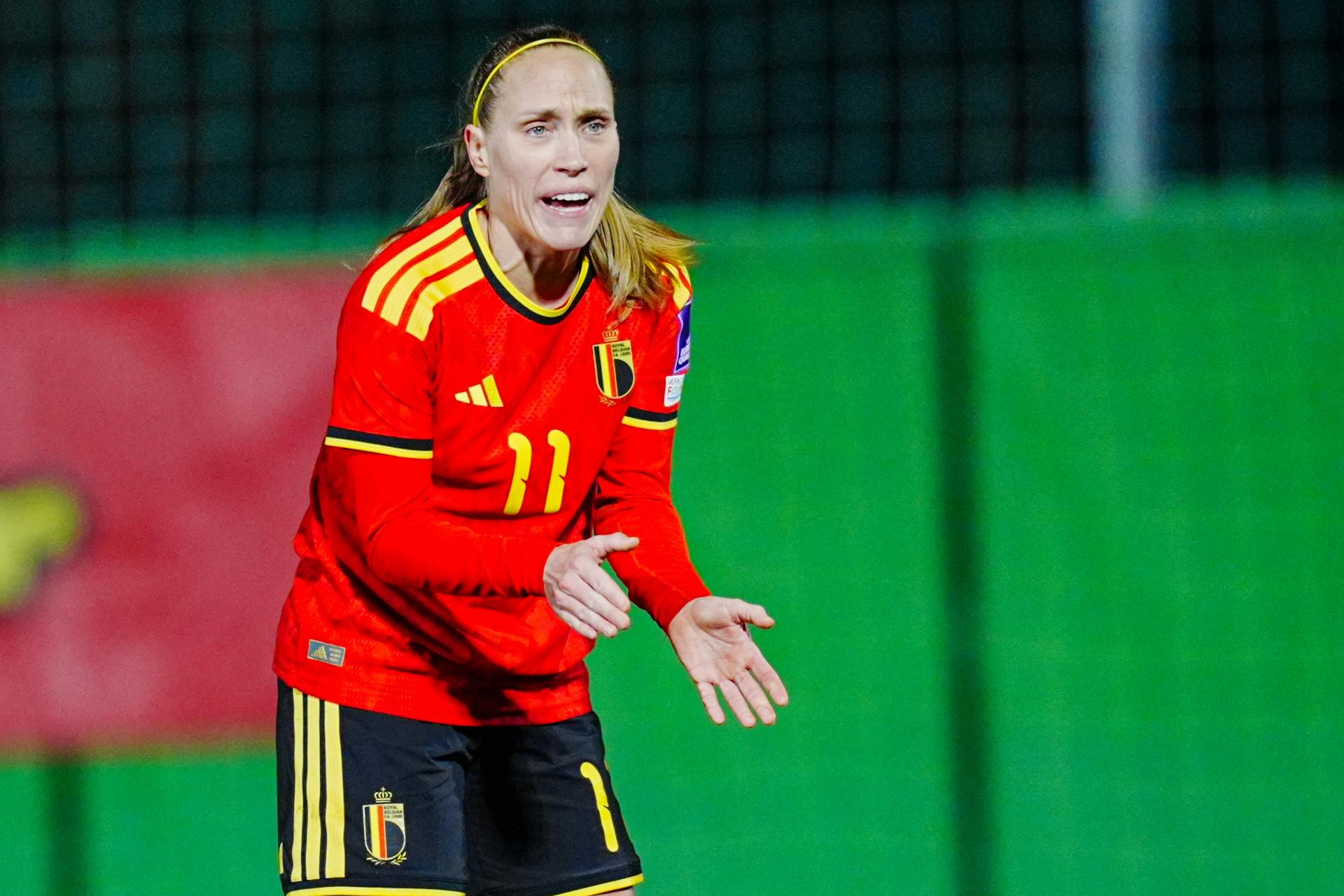 Janice Cayman of Belgium reacts during a game between Belgium's national women's soccer team the Red Flames and Israel, qualifying game 1/6 for the 2027 FIFA Women's World Cup, on Tuesday 03 March 2026, in Budaors, Hungary. BELGA PHOTO ISTVAN DERENCSENYI