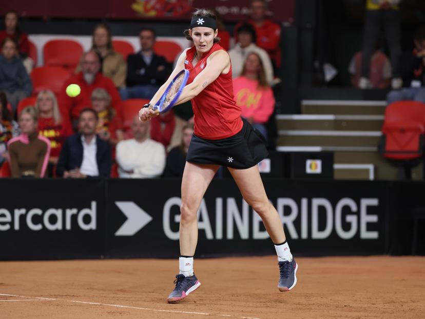 Belgian Greet Minnen pictured in action during the fourth game between Belgian Minnen and US' Jovic on the second day of the qualifiers of the Billie Jean King Cup tennis between Belgium and the USA, in Oostende, Belgium, on Saturday 11 April 2026. The meeting takes place on 10 and 11th April. PHOTO BENOIT DOPPAGNE