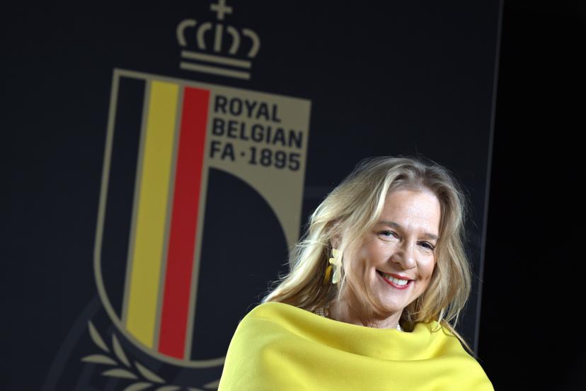 RBFA chairwoman Pascale Van Damme poses for the photographer during a portrait session at a press meeting of the Belgian soccer union KBVB-URBSFA, Friday 26 January 2024, in Tubize. BELGA PHOTO ERIC LALMAND