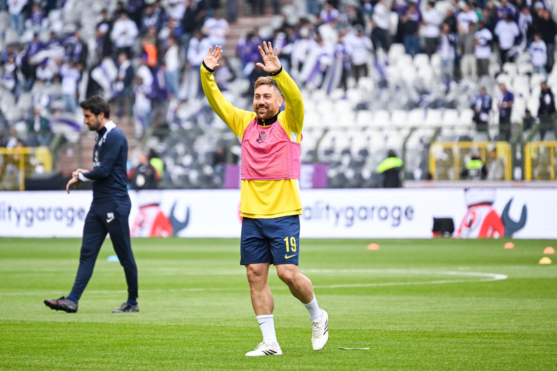 Union's Guillaume Francois pictured at the warm up on the field ahead of a soccer game between Royale Union Saint-Gilloise and RSC Anderlecht, Thursday 14 May 2026 in Brussels, the final of the 'Croky Cup' Belgian soccer cup. BELGA PHOTO TOM GOYVAERTS