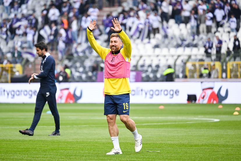 Union's Guillaume Francois pictured at the warm up on the field ahead of a soccer game between Royale Union Saint-Gilloise and RSC Anderlecht, Thursday 14 May 2026 in Brussels, the final of the 'Croky Cup' Belgian soccer cup. BELGA PHOTO TOM GOYVAERTS
