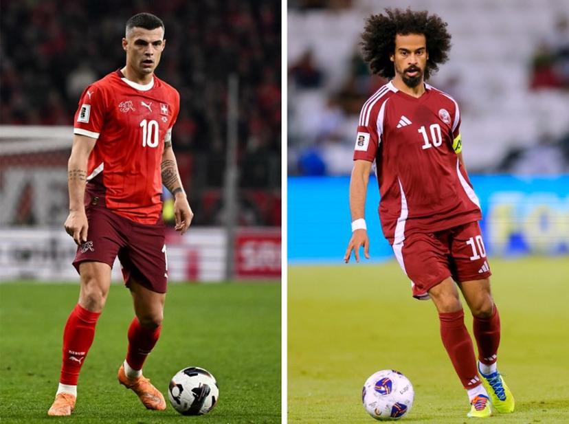 (COMBO) This combination of file photos created on June 12, 2026, shows Switzerland's midfielder #10 Granit Xhaka in Geneva, on November 15, 2025 (L); and Qatar's forward #10 Akram Afif in Doha on June 5, 2025. Qatar and Switzerland will meet in a 2026 World Cup Group B football match at the San Francisco Bay Area Stadium in Santa Clara on June 13, 2026. Karim JAAFAR, Fabrice COFFRINI / AFP