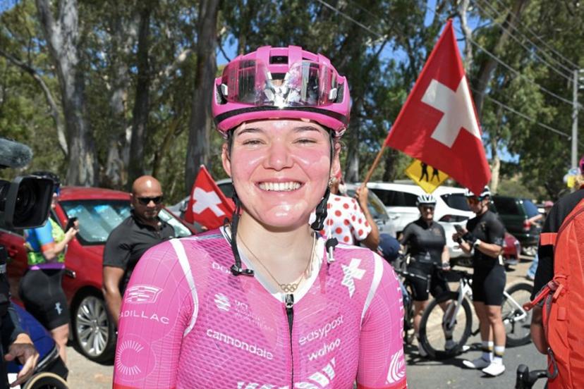 EF Education - Oatly rider Noemi Ruegg of Switzerland celebrates winning the final stage three of the women's 2026 Tour Down Under cycling race in Adelaide on January 19, 2026.  Brenton Edwards / AFP