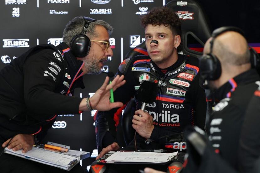 Team Aprilia Racing's Marco Bezzecchi is seen in the box during the second free practice session at the Catalunya Moto GP Grand Prix at the Catalunya racetrack in Montmelo, near Barcelona, on May 16, 2026.  Lluis GENE / AFP
