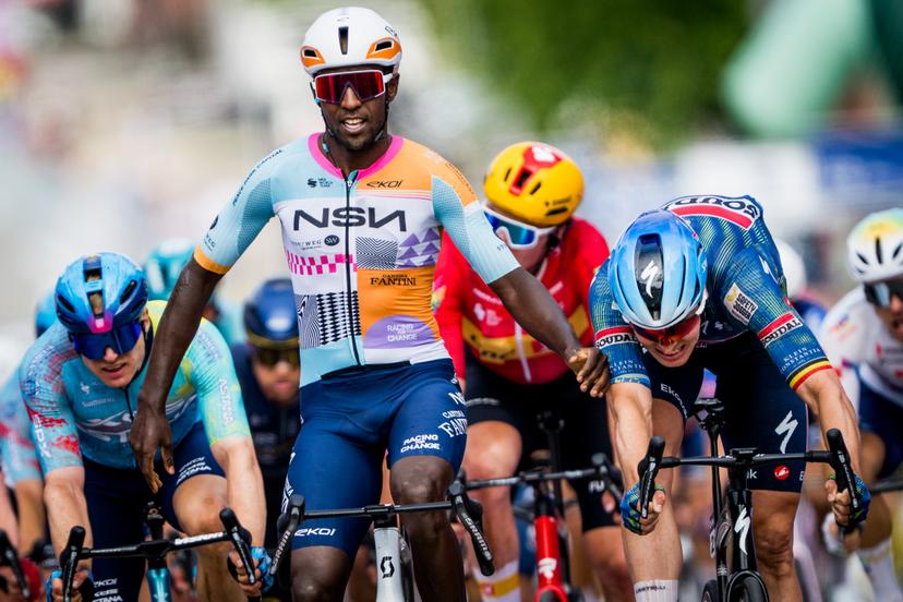 Eritrean Biniam Girmay of NSN Cycling Team celebrates as he crosses the finish line to win stage 1 of the Baloise Belgium Tour cycling race, 187,9 km with start and finish in Scherpenheuvel-Zichem, Wednesday 17 June 2026. The Baloise Belgium Tour takes place from 17 to 21 June. BELGA PHOTO JASPER JACOBS