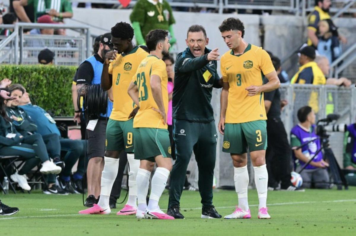 Australia's head coach Tony Popovic directs his team during a friendly football match between Mexico and Australia at The Rose Bowl in Pasadena, California, on May 30, 2026.   Frederic J. Brown / AFP