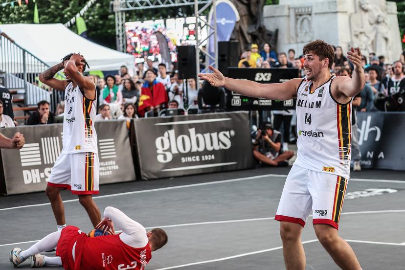 Belgian Dennis Donkor and Belgian Jonas Foerts react a third game in the group stage between Belgium and Poland in the group D at the Olympic qualification tournament for the 2024 Olympics, in Debrecen, Hungary, Saturday 18 May 2024. BELGA PHOTO NIKOLA KRSTIC