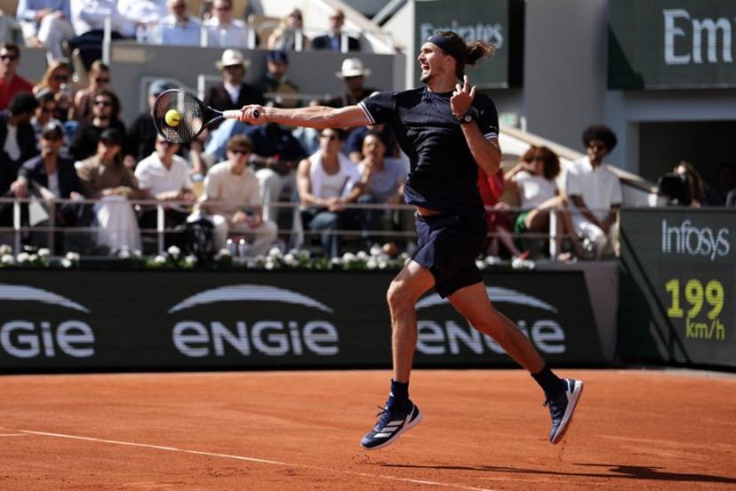Germany's Alexander Zverev plays a forehand return to Italy's Flavio Cobolli during their mens final singles match on day 15 of the French Open tennis tournament on Court Philippe-Chatrier at the Roland-Garros Complex in Paris on June 7, 2026.  Dimitar DILKOFF / AFP