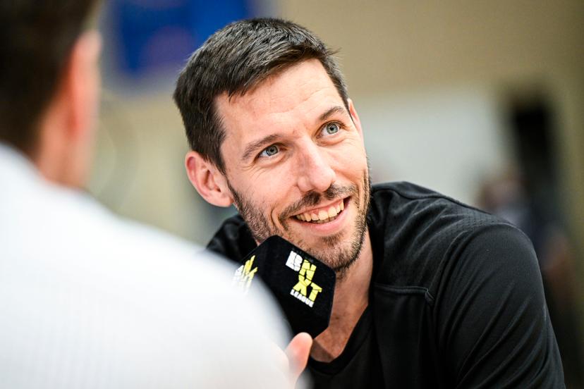 Oostende's Sam Van Rossom pictured during an interview before a basketball match between ZZ Leiden and BC Oostende, Wednesday 12 June 2024 in Leiden, the Netherlands, match 2 (best of 3) of the play-off finals of the 'BNXT League' first division basket championship. Oostende won the first leg. BELGA PHOTO TOM GOYVAERTS