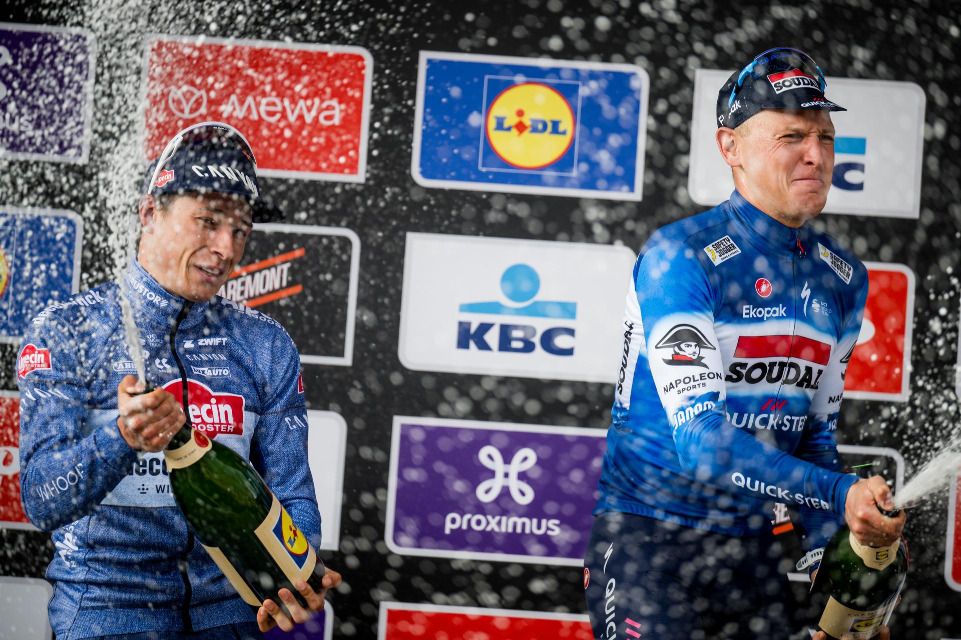 Belgian Tim Merlier of Soudal Quick-Step celebrates on the podium after winning the men's race of the 112th edition of the 'Scheldeprijs' one day cycling event, 205,3 km from Terneuzen, the Netherlands to Schoten, Belgium on Wednesday 03 April 2024. BELGA PHOTO TOM GOYVAERTS