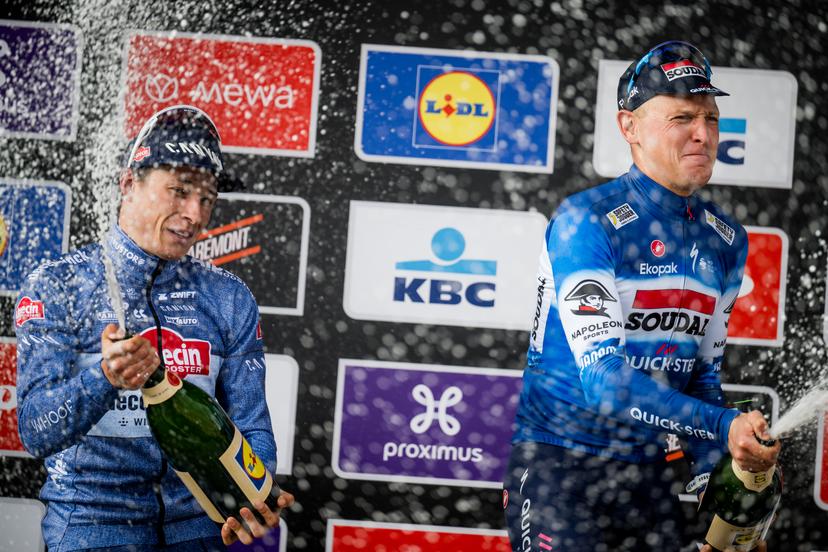 Belgian Tim Merlier of Soudal Quick-Step celebrates on the podium after winning the men's race of the 112th edition of the 'Scheldeprijs' one day cycling event, 205,3 km from Terneuzen, the Netherlands to Schoten, Belgium on Wednesday 03 April 2024. BELGA PHOTO TOM GOYVAERTS