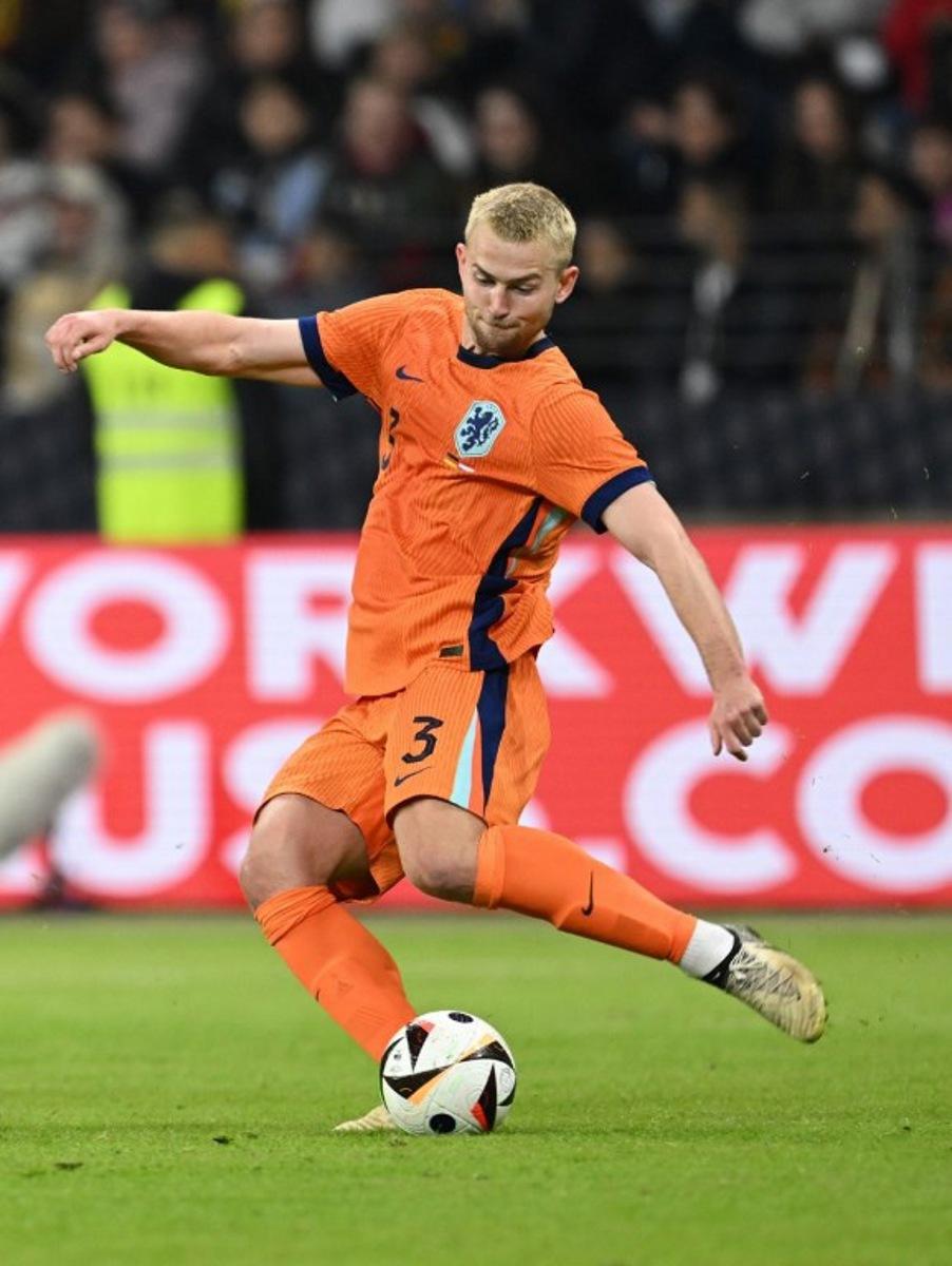 Netherlands' defender #03 Matthijs De Ligt plays the ball during the friendly football match between Germany and Netherlands in Frankfurt, western Germany, on March 26, 2024.  Ina FASSBENDER / AFP