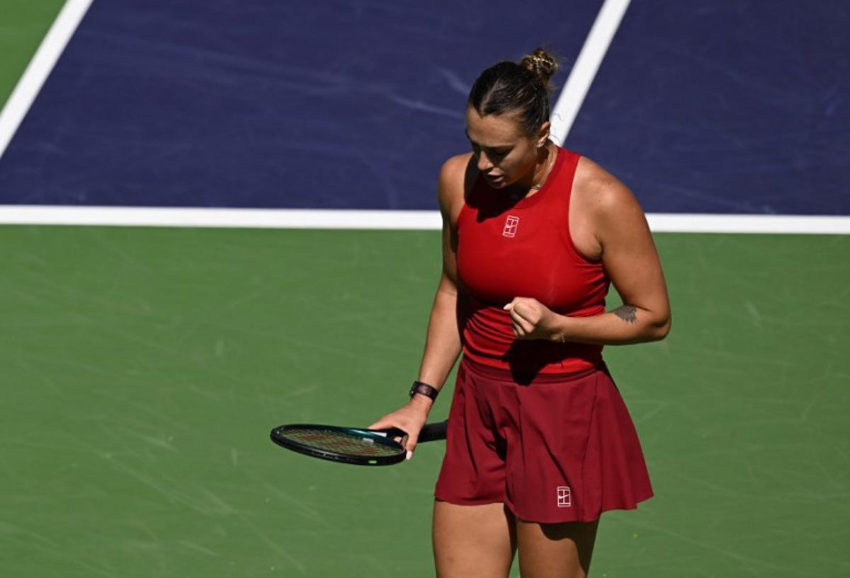 Belarus' Aryna Sabalenka celebrates during play against Russia's Mirra Andreeva during the women's singles final tennis match at the BNP Paribas Open at the Indian Wells Tennis Garden in Indian Wells, California, on March 16, 2025.  Patrick T. Fallon / AFP