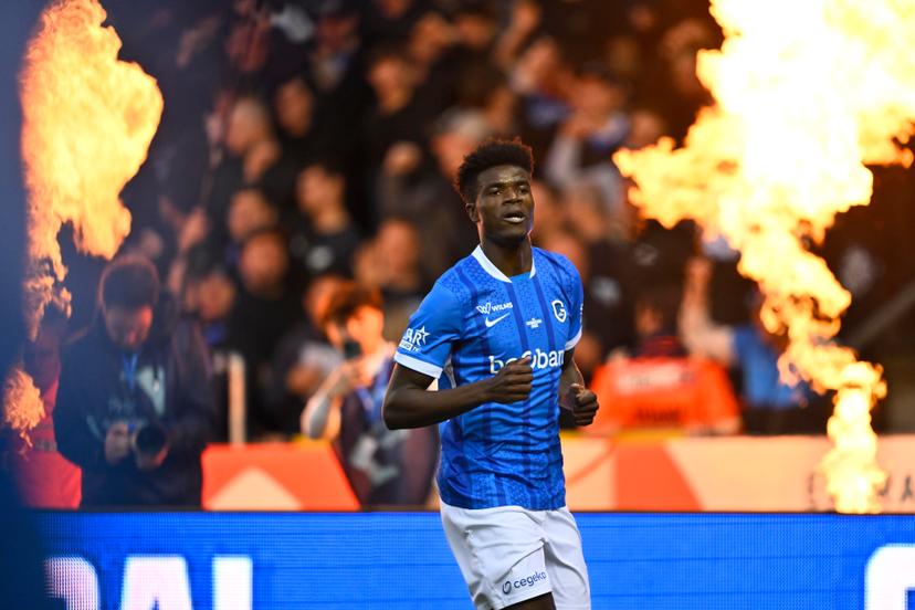 Genk's Aaron Bibout Banind celebrates after scoring during a soccer match between KRC Genk and KVc Westerlo, Sunday 10 May 2026 in Genk, on the seventh day of the Europe Play-offs (PO 2) of the 2025-2026 'Jupiler Pro League' first division of the Belgian championship. BELGA PHOTO JOHAN EYCKENS