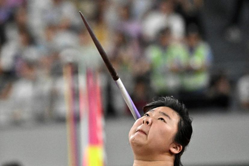China's Ziyi Yan competes in the women's javelin throw event during the Shanghai/Keqiao Diamond League athletics meeting in Keqiao, Shaoxing in China's eastern Zhejiang province on May 3, 2025.  Pedro PARDO / AFP