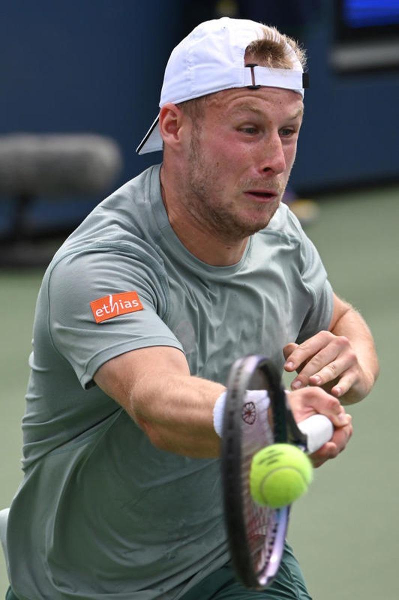 Gauthier Onclin of Belgium plays against Nikoloz Basilashvili of Georgia during the Men's Qualifying Singles Round 1 of the 2025 US Open tournament, at the USTA Billie Jean King National Tennis Center in Flushing Meadow-Corona Park, in the Queens borough of New York, NY, August 18, 2025. (Photo by Anthony Behar/SipaUSA)