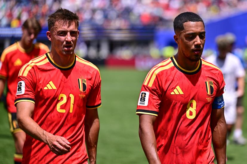 Belgium's Timothy Castagne and Belgium's Youri Tielemans look dejected during a soccer game between Belgian national team Red Devils and Egypt, on Monday 15 June 2026 in Seattle, the first game in the group stage of the FIFA World Cup 2026 in the United States of America. The Diables Rouges - Rode Duivels were drawn into Group G. BELGA PHOTO DIRK WAEM