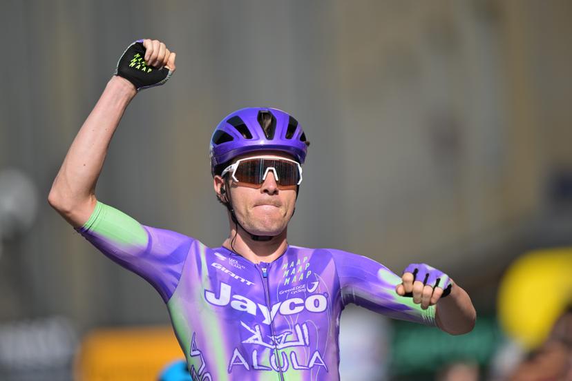 Swiss Mauro Schmid of Team Jayco AlUla celebrates after winning the stage 13 of the 2026 Tour de France cycling race, a stage of 205km from Dole to Belfort, on Friday 17 July 2026. The 113th edition of the Tour de France starts on Saturday 4 July in Barcelona, Spain, and will finish in Paris, France on the 26th of July. BELGA PHOTO DAVID PINTENS