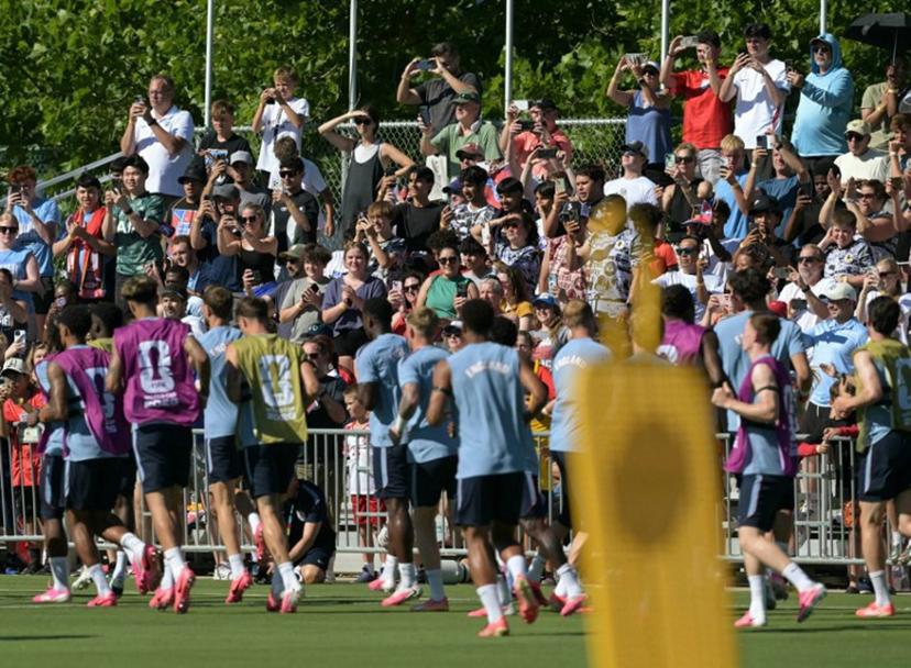 People attend an England training session ahead of their 2026 World Cup football tournament Group L football match against Croatia at Swope Soccer Village in Kansas City on June 13, 2026.   JUAN MABROMATA / AFP
