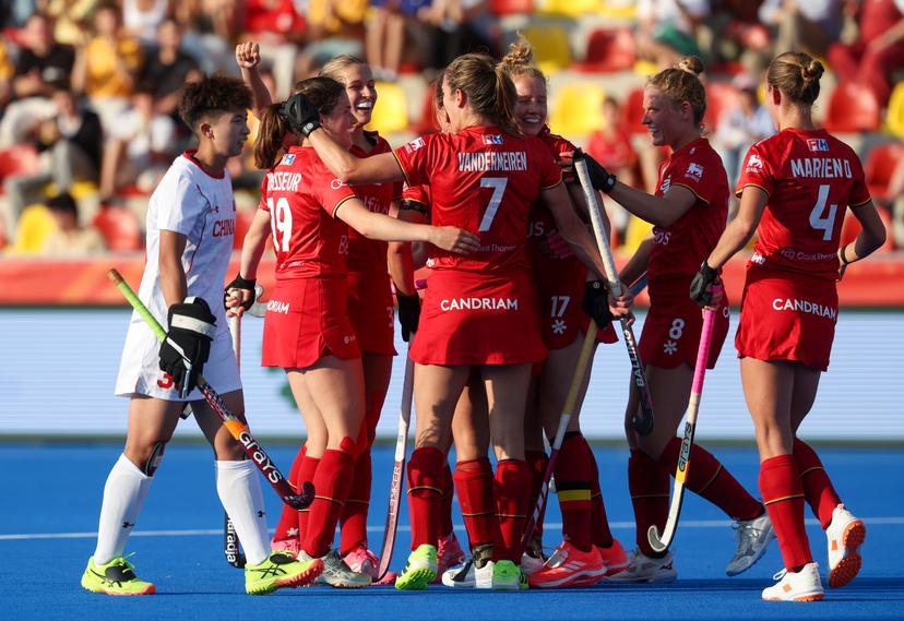 Belgium's Astrid Bonami celebrates after scoring during a hockey game between Belgian national team Red Panthers and China, Tuesday 16 June 2026 in Wavre, match 10/16 in the group stage of the women's FIH Pro League competition. BELGA PHOTO VIRGINIE LEFOUR