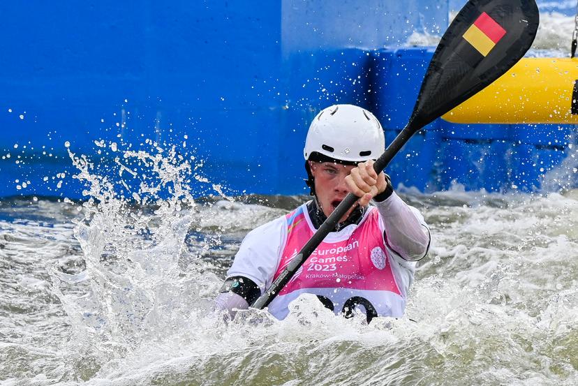 Canoe Slalom Athlete Gabriel De Coster pictured in action during the qualifications of the Canoe Kayak slalom cross event at the European Games in Krakow, Poland on Saturday 01 July 2023. The 3rd European Games, informally known as Krakow-Malopolska 2023, is a scheduled international sporting event that will be held from 21 June to 02 July 2023 in Krakow and Malopolska, Poland. BELGA PHOTO TEAM BELGIUM
