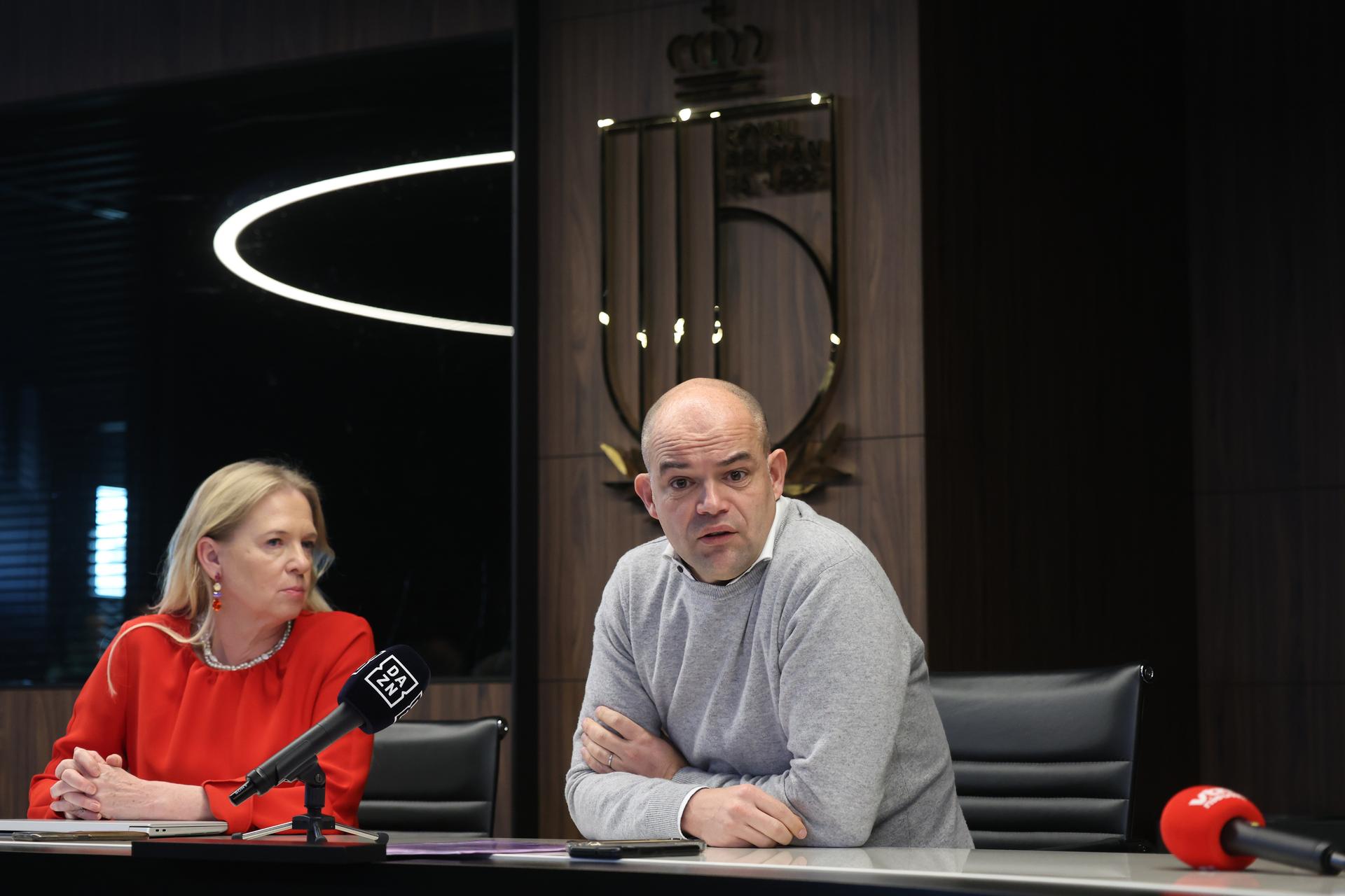 RBFA-KBVB chairwoman Pascale Van Damme and Belgium soccer union (KBVB - RBFA) CEO Peter Willems pictured at a press moment with Belgian soccer federation CEO, in marge of the preparations of Red Devils for the upcoming Nations League games against Italy and Israel, Tuesday 12 November 2024 in Tubize. BELGA PHOTO VIRGINIE LEFOUR
