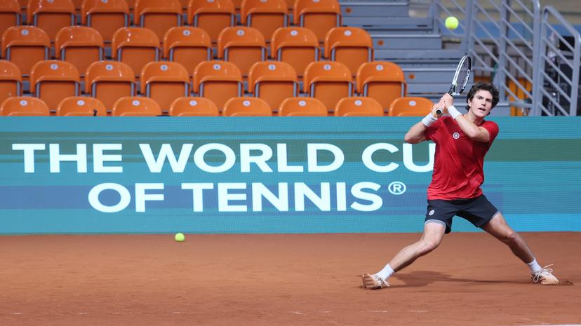 Belgian Gilles-Arnaud Bailly pictured in action duringa a training session of the Belgian team, Friday 06 February 2026, in Plovdiv, Bulgaria. Belgium will compete this weekend in the Davis Cup qualifiers against Bulgaria. BELGA PHOTO BENOIT DOPPAGNE