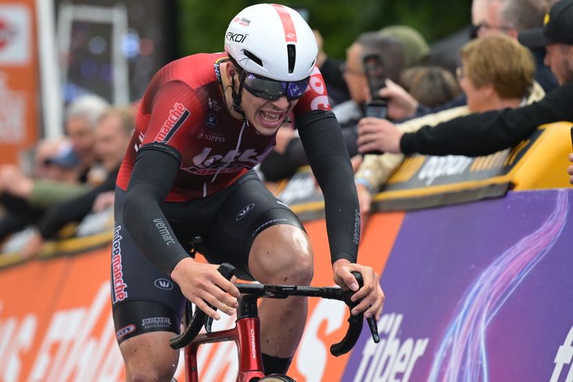 Belgian Arnaud De Lie of Lotto-Intermarche celebrates as he crosses the finish line to win the fourth stage of the Tour De Wallonie cycling race, from Dison to Eupen (166,7 km), on Thursday 04 June 2026. BELGA PHOTO DAVID PINTENS