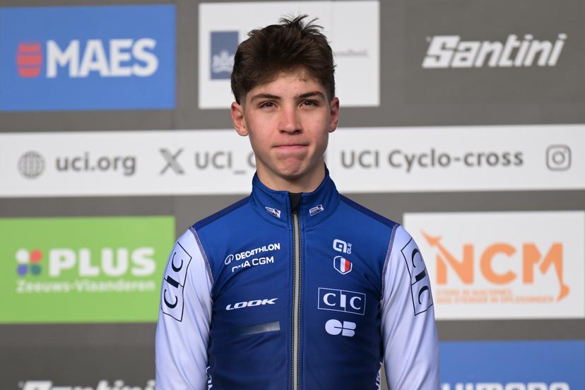 Silver medal winner French Aubin Sparfel celebrates on the podium after the U23 men race at the UCI Cyclocross World Championships, on Saturday 31 January 2026, in Hulst, The Netherlands. BELGA PHOTO DAVID PINTENS