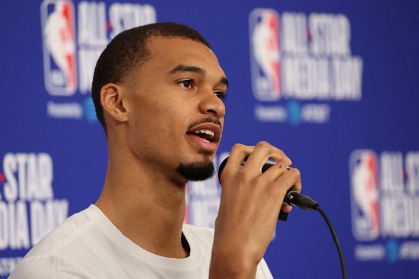 French basketball player Victor Wembanyama of the San Antonio Spurs speaks to the media during the NBA All-Star media day at the Intuit Dome in Inglewood, California, on February 14, 2026.  Patrick T. Fallon / AFP