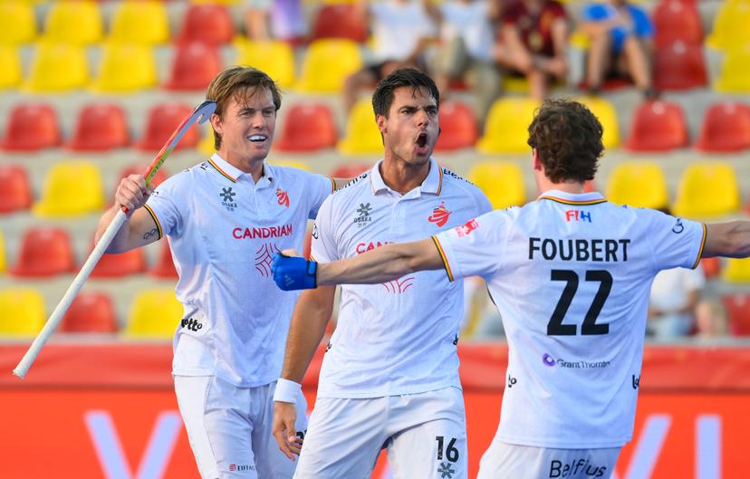 Belgium's Alexander Hendrickx celebrate after scoring during a hockey game between Belgian national team Red Lions and The Netherlands, Saturday 27 June 2026 in Wavre, match 15/16 in the group stage of the men's FIH Pro League competition. BELGA PHOTO JOHN THYS