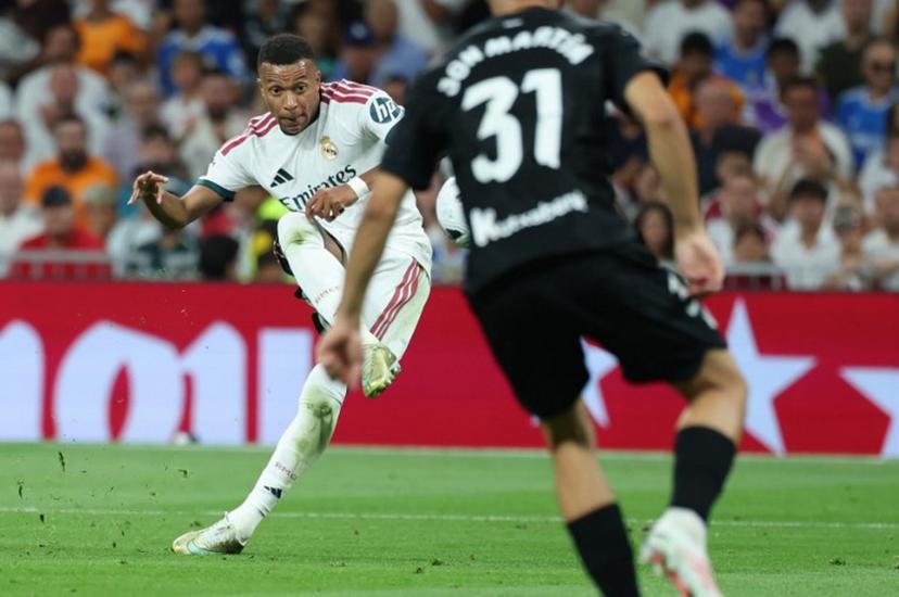 Real Madrid's French forward #10 Kylian Mbappe shoots during the Spanish league football match between Real Madrid CF and Real Sociedad  at Santiago Bernabeu Stadium in Madrid on August 26, 2026.  Thomas COEX / AFP