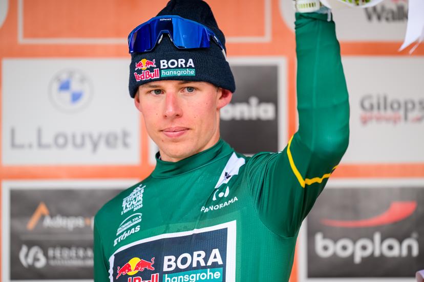 New Zealander Laurence Pithie of Red Bull-BORA-hansgrohe pictured on the podium after the fifth stage of the Tour De Wallonie cycling race, from Bassenge to Aubel (176,4 km), on Friday 05 June 2026. BELGA PHOTO DAVID PINTENS