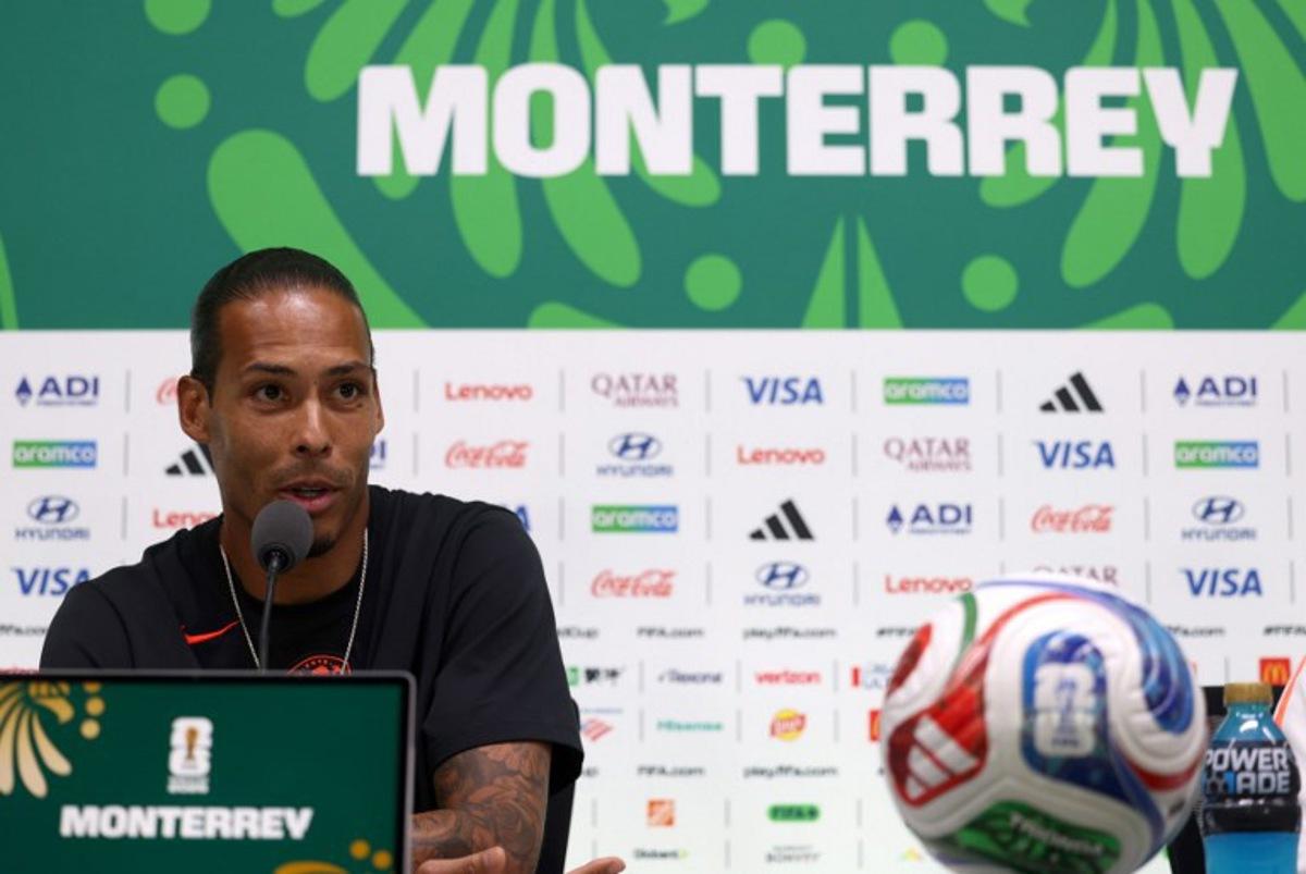 Netherlands' defender #04 Virgil van Dijk speaks during a press conference on the eve of the 2026 World Cup Round of 32 football match between the Netherlands and Morocco at Monterrey stadium in Monterrey, Mexico on June 28, 2026.   Julio Cesar AGUILAR / AFP