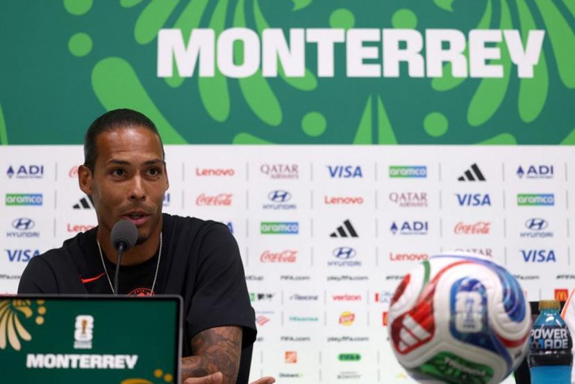 Netherlands' defender #04 Virgil van Dijk speaks during a press conference on the eve of the 2026 World Cup Round of 32 football match between the Netherlands and Morocco at Monterrey stadium in Monterrey, Mexico on June 28, 2026.   Julio Cesar AGUILAR / AFP