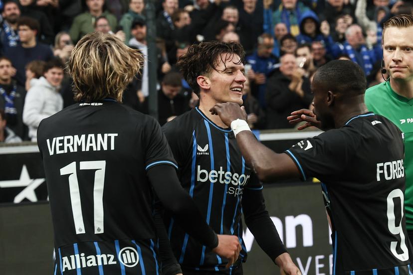 Club's Christos Tzolis celebrates after scoring during a game between Belgian soccer team Club Brugge KV and Royale Union Saint-Gilloise, Sunday 17 May 2026 in Brugge, on day 8 of the Champion's Play-Off (PO 1) competition of the Jupiler Pro League. BELGA PHOTO BRUNO FAHY