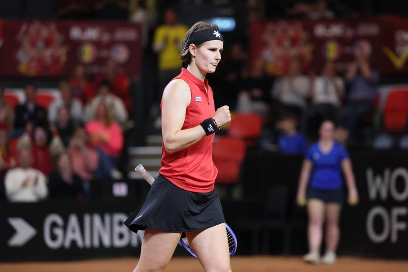 Belgian Greet Minnen pictured in action during the fourth game between Belgian Minnen and US' Jovic on the second day of the qualifiers of the Billie Jean King Cup tennis between Belgium and the USA, in Oostende, Belgium, on Saturday 11 April 2026. The meeting takes place on 10 and 11th April. PHOTO BENOIT DOPPAGNE