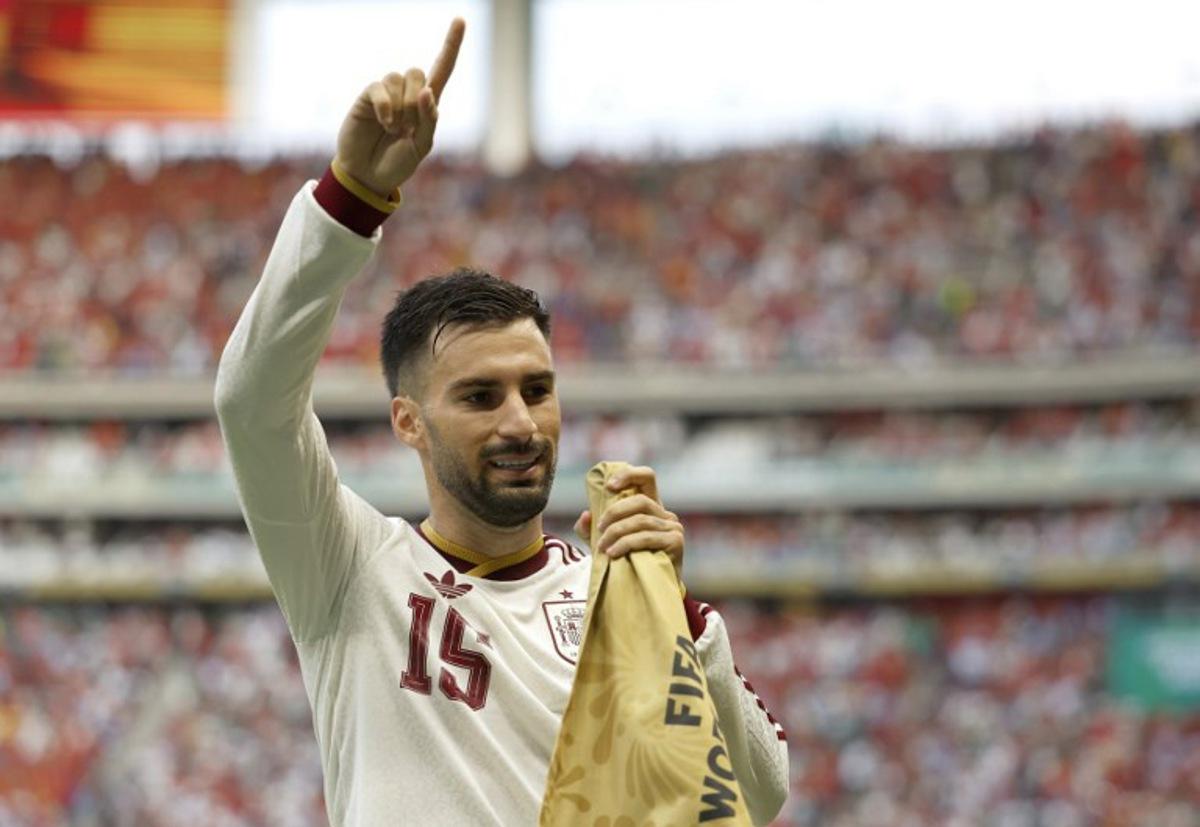 Spain's midfielder #15 Alex Baena celebrates scoring his team's first goal during the 2026 World Cup Group H football match between Uruguay and Spain at the Guadalajara Stadium in Zapopan on June 26, 2026.   Ulises RUIZ / AFP