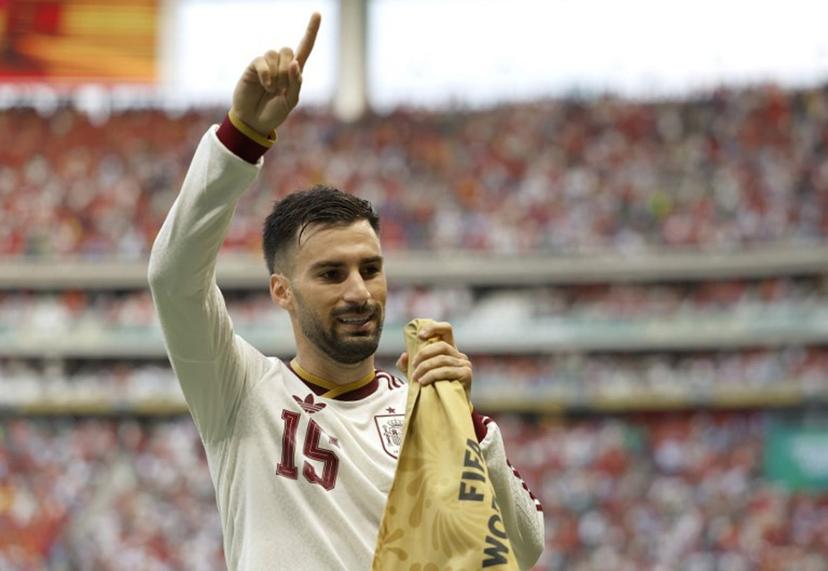 Spain's midfielder #15 Alex Baena celebrates scoring his team's first goal during the 2026 World Cup Group H football match between Uruguay and Spain at the Guadalajara Stadium in Zapopan on June 26, 2026.   Ulises RUIZ / AFP