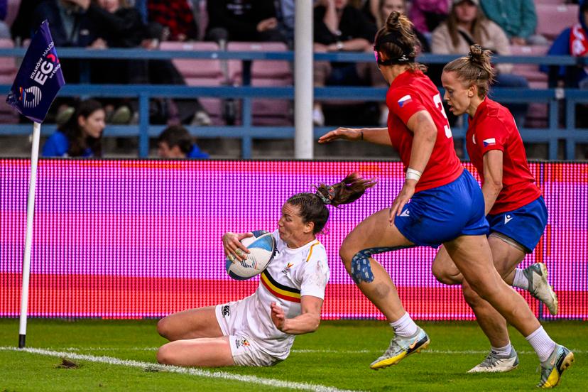 Belgium's Cecile Blondiau pictured in action during a rugby match between Belgium and Czech Republic for the third place, a at the women's Rugby Sevens tournament, at the European Games in Krakow, Poland on Tuesday 27 June 2023. The 3rd European Games, informally known as Krakow-Malopolska 2023, is a scheduled international sporting event that will be held from 21 June to 02 July 2023 in Krakow and Malopolska, Poland. BELGA PHOTO LAURIE DIEFFEMBACQ