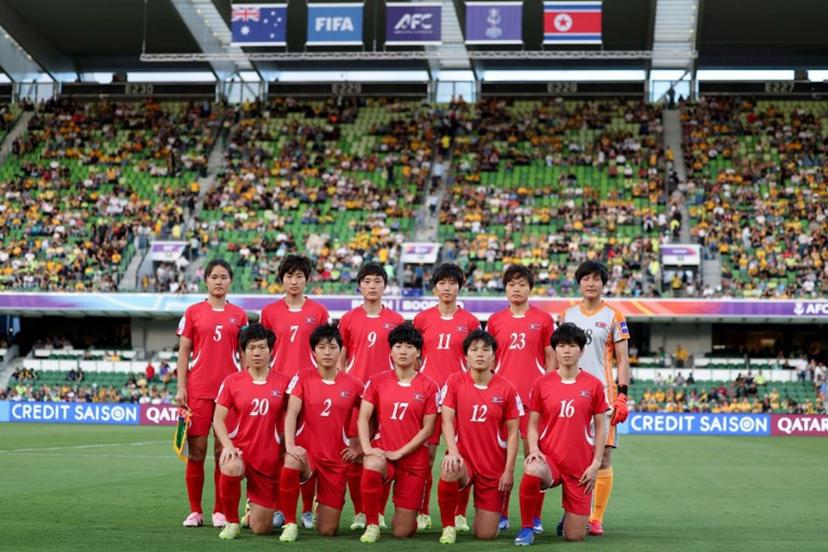 North Korea's players pose for a team photograph before the AFC Women's Asian Cup Australia 2026 football match between Australia and North Korea in Perth on March 13, 2026.  COLIN MURTY / AFP