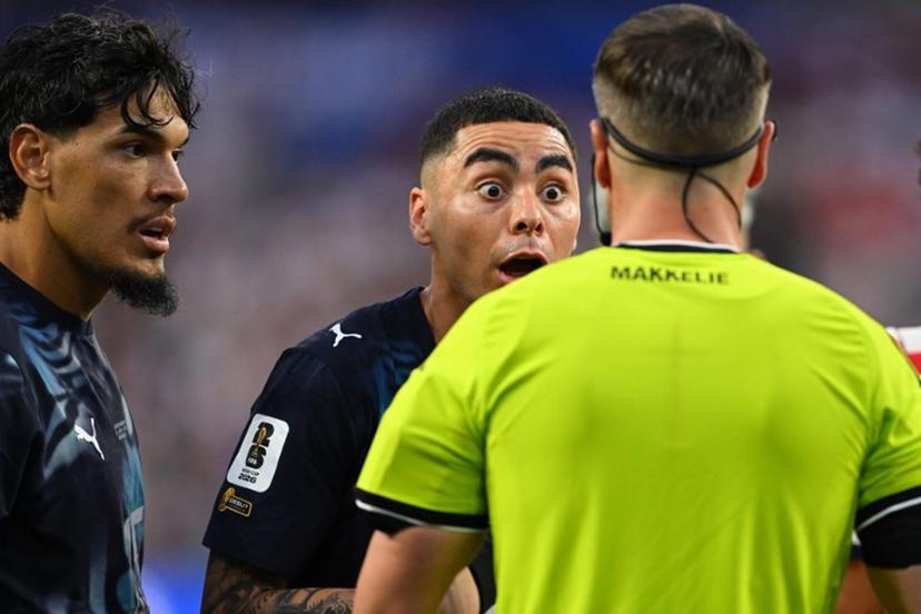 Paraguay's midfielder #10 Miguel Almiron reacts in front of Dutch referee Danny Makkelie during the 2026 World Cup Group D football match between USA and Paraguay at the Los Angeles Stadium in Inglewood on June 12, 2026.  Patrick T. Fallon / AFP