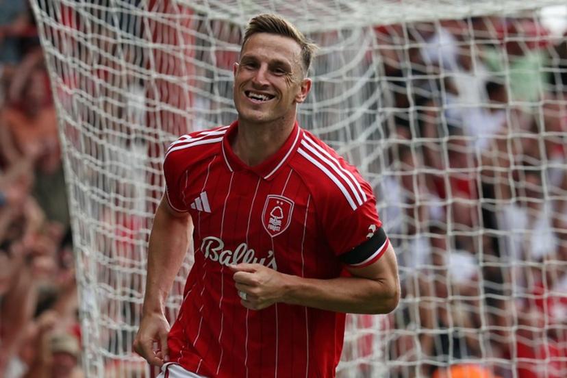 Nottingham Forest's New Zealand striker #11 Chris Wood celebrates after scoring their third goal during the English Premier League football match between Nottingham Forest and Brentford at The City Ground in Nottingham, central England, on August 17, 2025.  Darren Staples / AFP