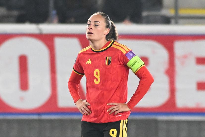 Belgium's Tessa Wullaert looks dejected during a soccer game between Belgium's national women's team the Red Flames and Scotland, on Saturday 18 April 2026 in Leuven, in the fourth of six games of the qualifiers for the 2027 FIFA Women's World Cup. BELGA PHOTO JILL DELSAUX