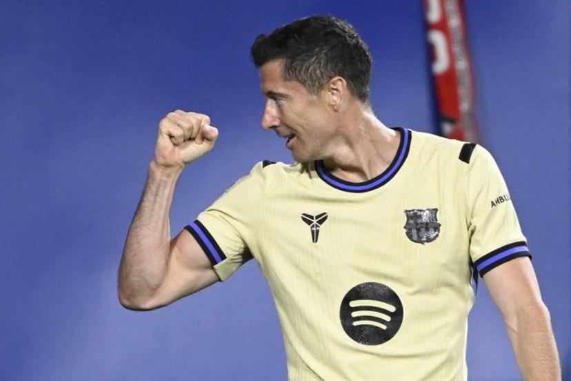 Barcelona's Polish forward #09 Robert Lewandowski celebrates scoring the opening goal during the Spanish league football match between CA Osasuna and FC Barcelona at El Sadar Stadium in Pamplona on May 2, 2026.  ANDER GILLENEA / AFP