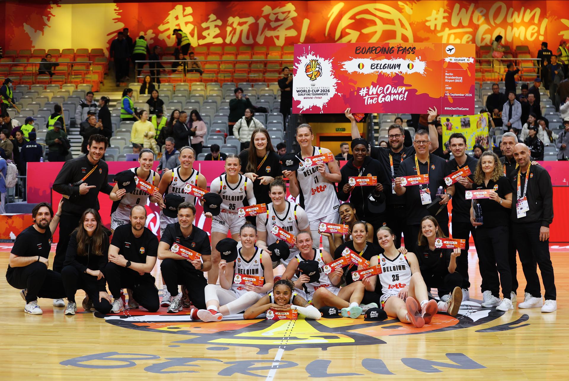 Belgium's national team Belgian Cats celebrate after qualifying for the 2026 FIBA Women's Basketball World Cup, in Wuhan, China, on Tuesday 17 March 2026, after the fifth game (out of 5) of the qualifications phase for the World Cup Basket tournament. BELGA PHOTO NIKOLA KRSTIC