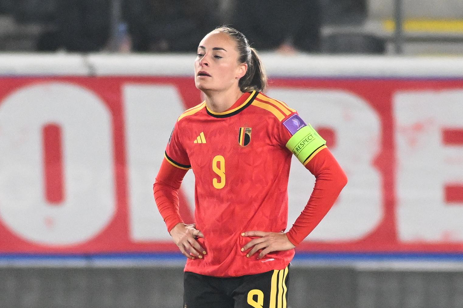 Belgium's Tessa Wullaert looks dejected during a soccer game between Belgium's national women's team the Red Flames and Scotland, on Saturday 18 April 2026 in Leuven, in the fourth of six games of the qualifiers for the 2027 FIFA Women's World Cup. BELGA PHOTO JILL DELSAUX
