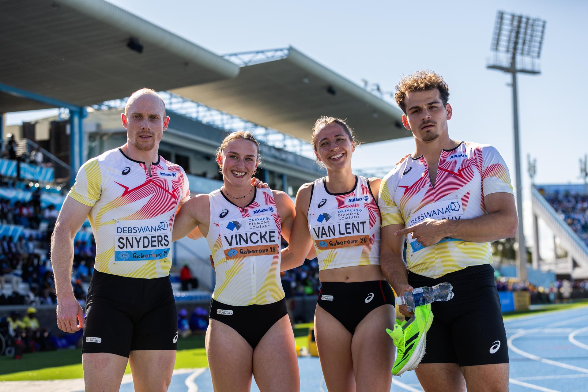 Belgian Antoine Snyders, Belgian Rani Vincke, Lotte Van Lent and Kobe Vleminck pictured before the mixed relay 4x400m heats at the IAAF World Athletics Relays, Saturday 02 May 2026, in Gaborone, Botswana. BELGA PHOTO NIKOLA KRSTIC