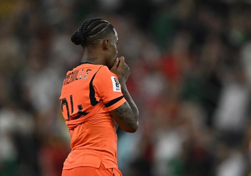 Netherlands' forward #24 Crysencio Summerville reacts after missing his penalty during the the penalty shootout of the 2026 World Cup round of 32 football match between the Netherlands and Morocco at the Monterrey Stadium in Guadalupe on June 29, 2026.   Alfredo ESTRELLA / AFP